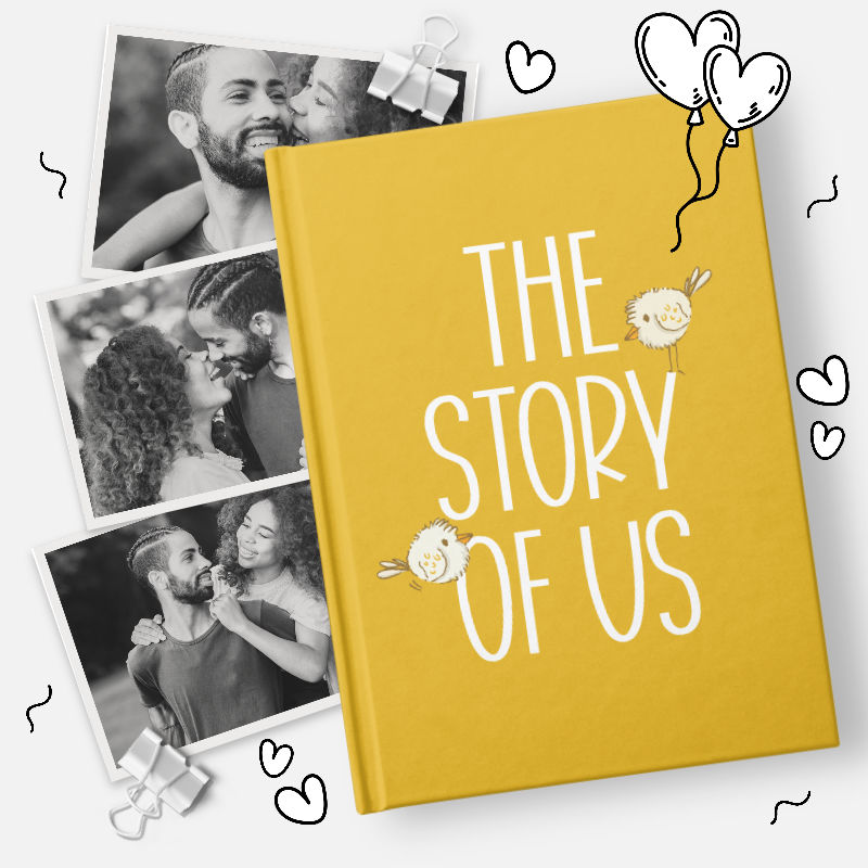the story of us couples journal surrounded by photos of couple in love
