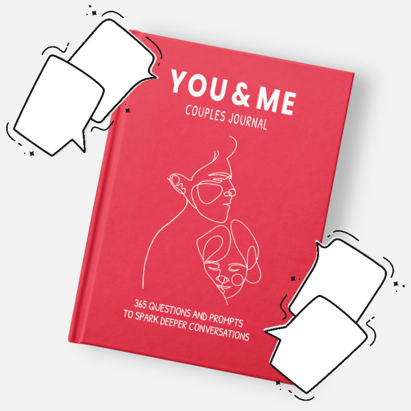 you and me couples conversation prompt journal surrounded by speech bubbles