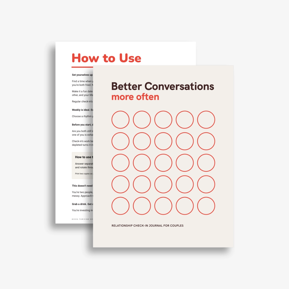 Printable relationship check-in journal pages showing how-to-use instructions and structured prompts.