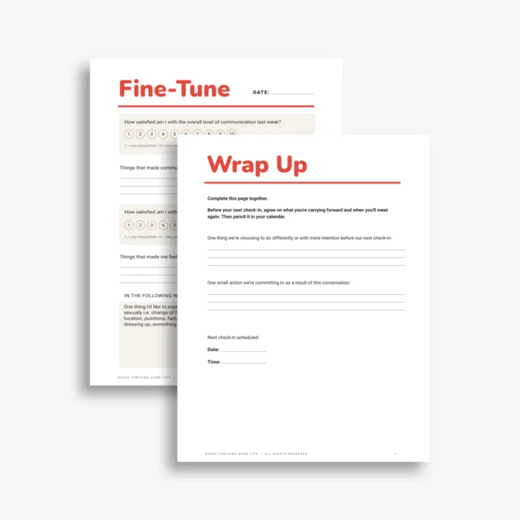 Printable relationship check-in journal pages focused on reflection and written responses.