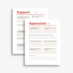 Relationship check-in journal pages featuring appreciation and support sections.