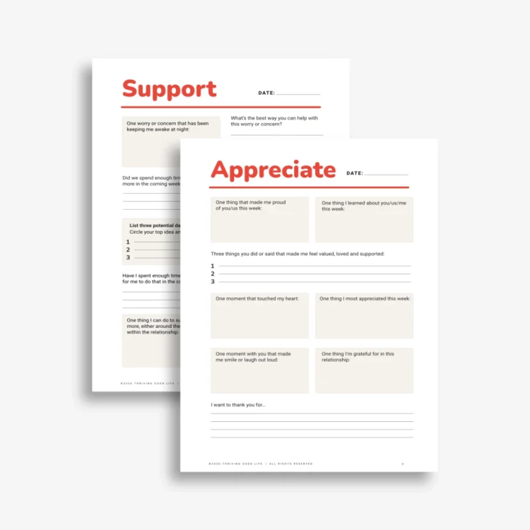 Relationship check-in journal pages featuring appreciation and support sections.