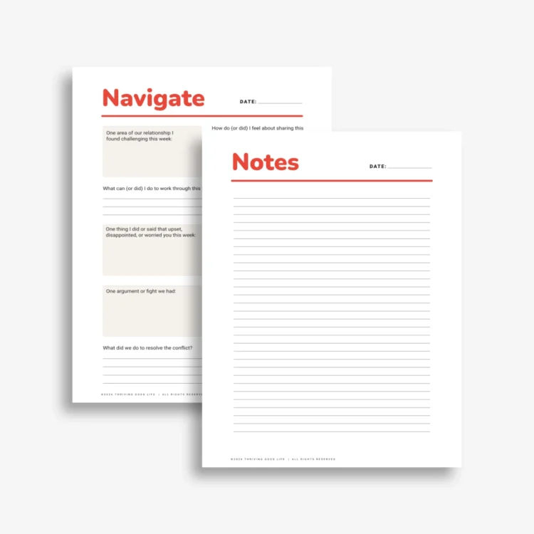 Relationship check-in journal pages showing notes and navigation sections.