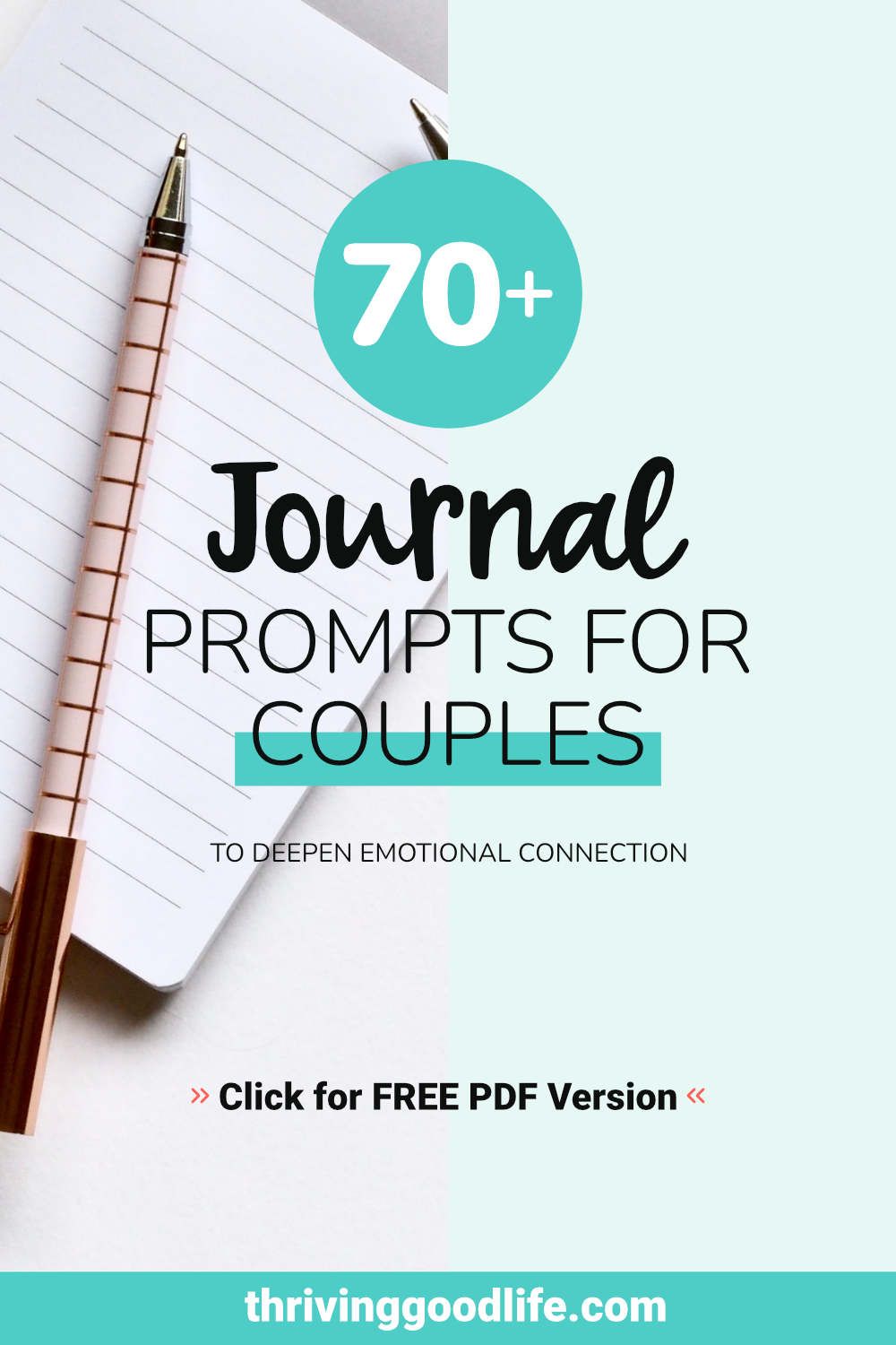 Pen sitting on top of blank lined notebook and text overlay about couples journal prompts