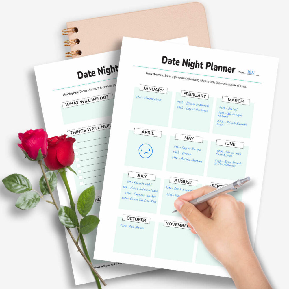 printable date night planner for couples with red rose and journal