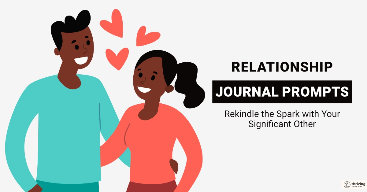 illustration of man and woman couple in love text overlay reads: relationship journal prompts rekindle the spark with your significant other