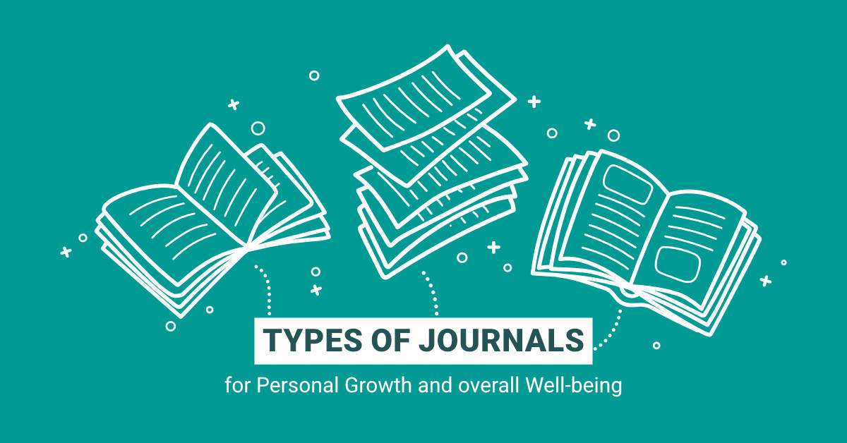 different types of illustrated journals arranged on plain background with text overlay