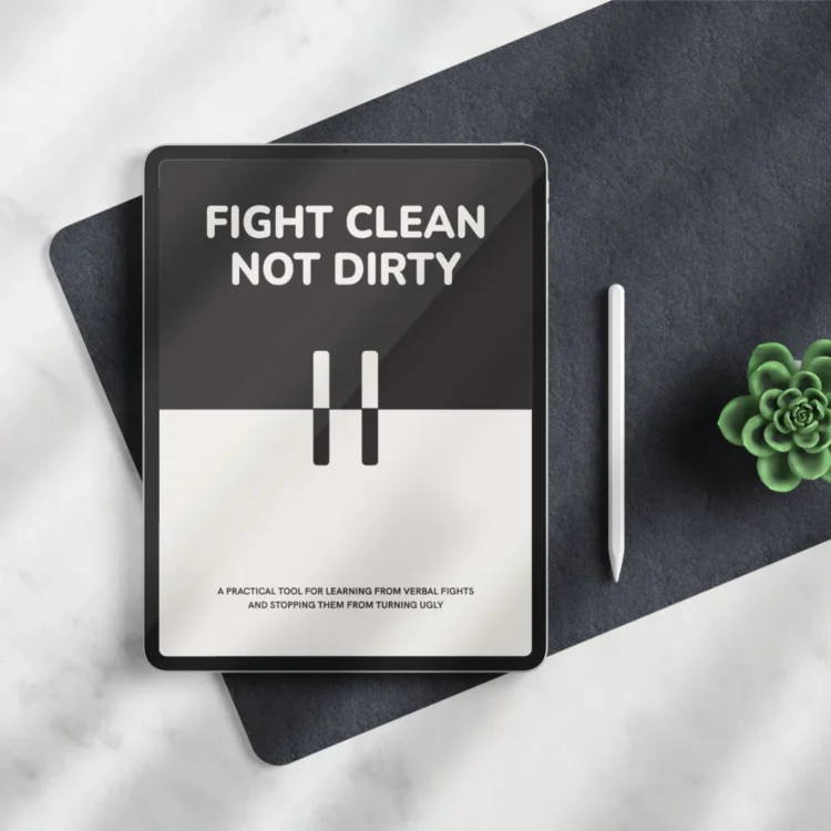Fight Clean Not Dirty digital conflict workbook displayed on tablet with stylus.