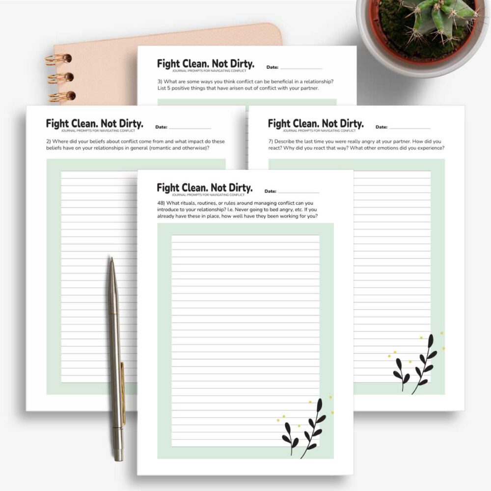 printable journaling pages worksheets for couples with pen, plant pot and notebook