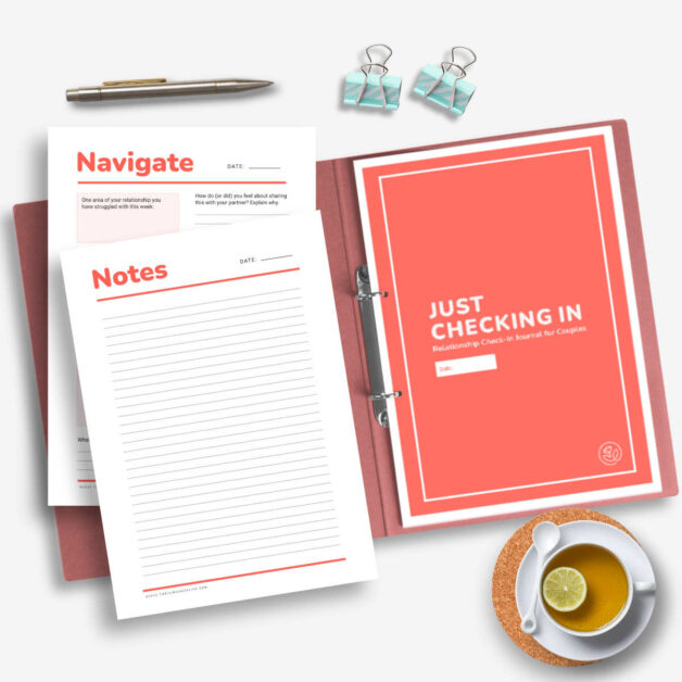 Printable couples relationship check-in journaling pages in ring binder