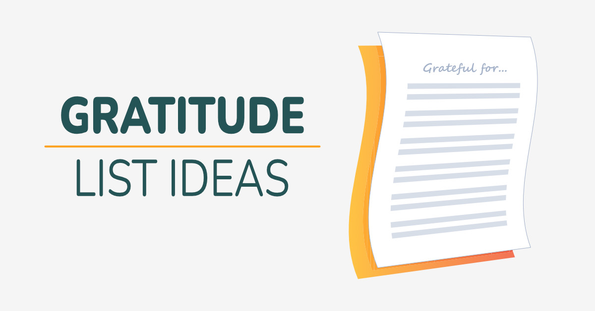 cartoon gratitude list orange background text that reads: gratitude list ideas