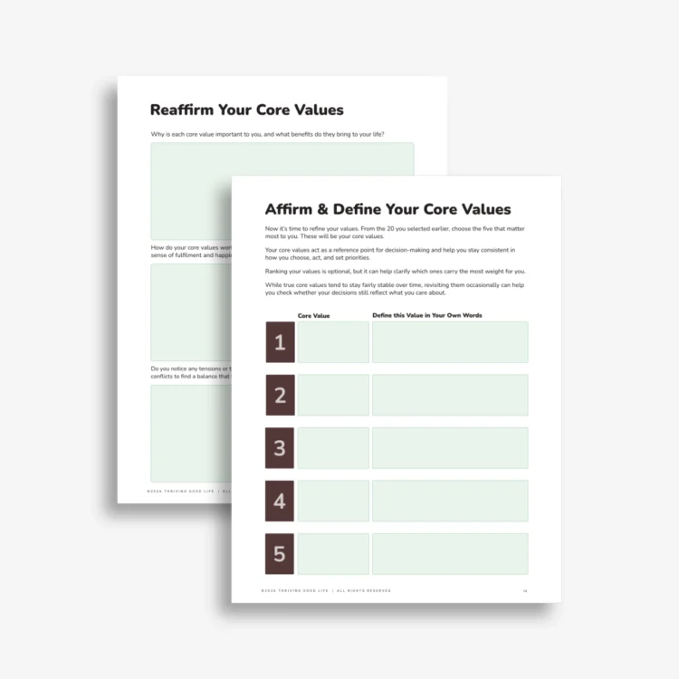 Printable core values workbook pages showing value definition lists and numbered writing sections.