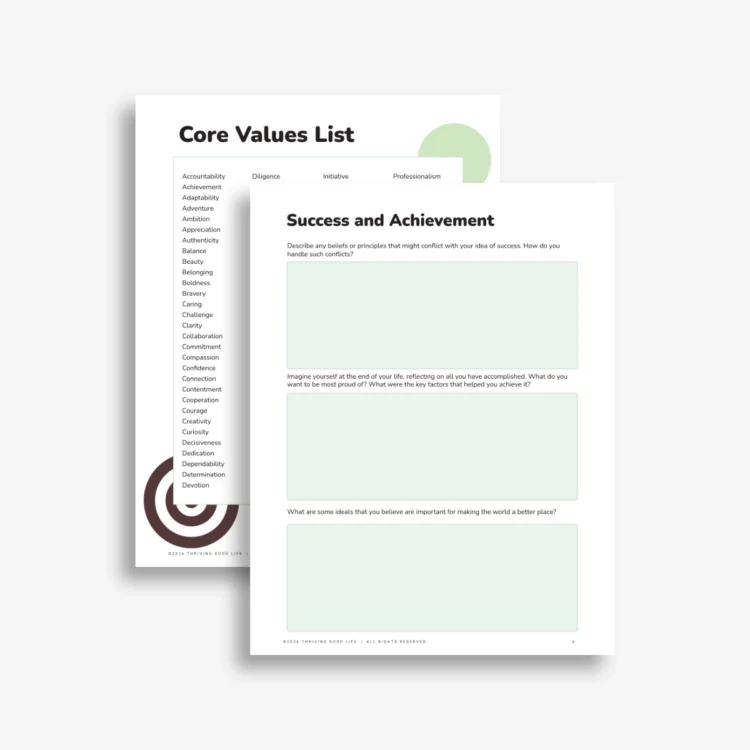 Printable core values workbook pages showing a core values list and fill in the blank journal sections.