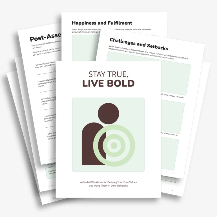 Stack of printable core values workbook journaling pages including cover and interior worksheets.