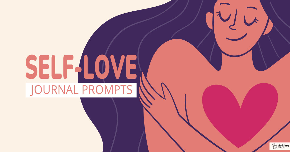 Cartoon woman with heart on chest hugging herself text overlay that reads 'self-love journal prompts'