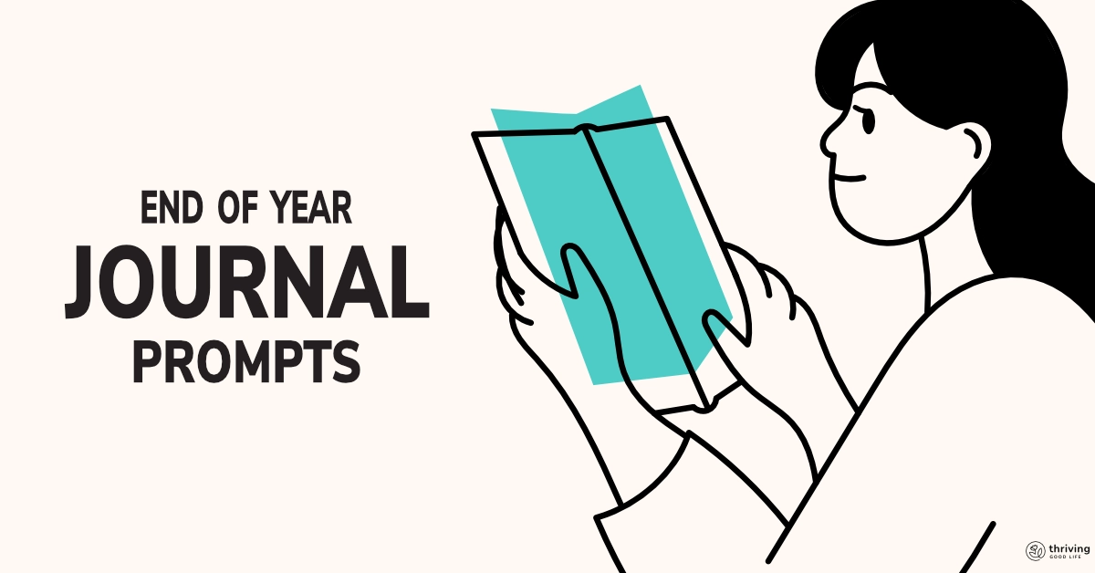 illustrated woman on plain background holding journal with text overlay 'end of year journal prompts'