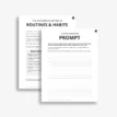 Printable habit tracker workbook pages showing routines vs habits text and a lined prompt page.