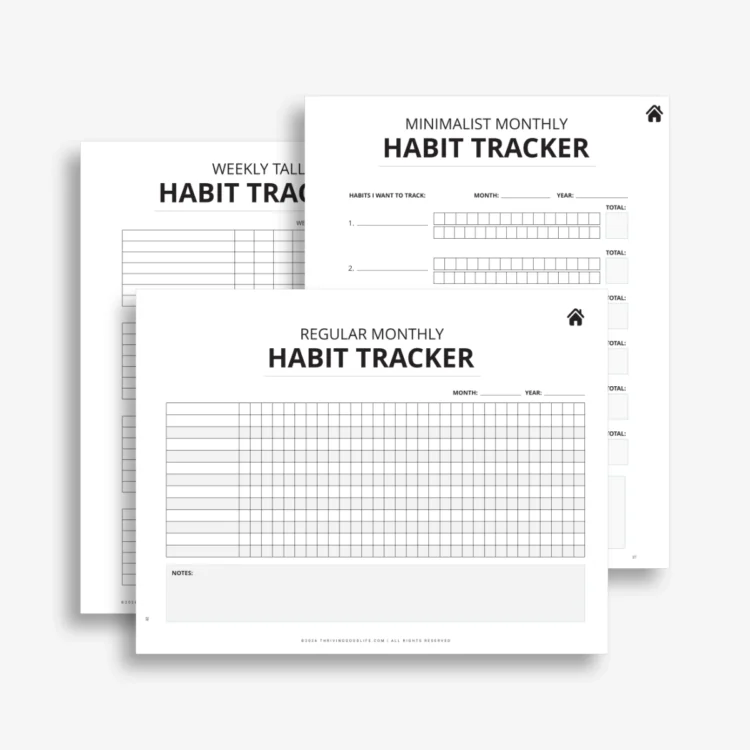 Printable monthly habit tracker pages with grid-based tracking tables.