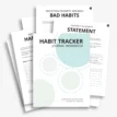 Stack of printable habit tracker workbook pages including a statement page and interior spreads.