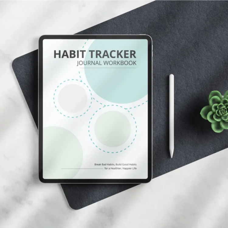 Digital habit tracker workbook displayed on a tablet on a desk next to a stylus and plant.