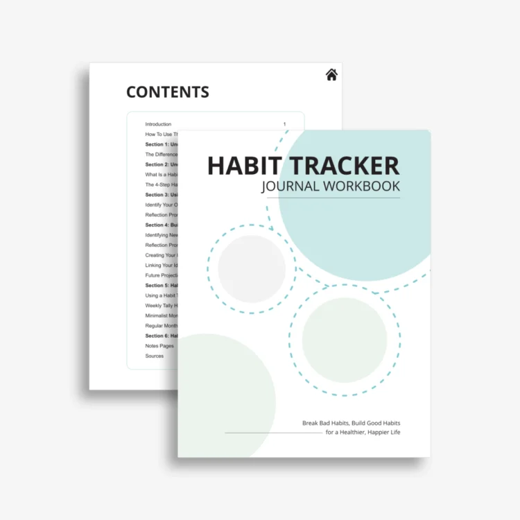 Printable habit tracker workbook cover and contents pages shown stacked.