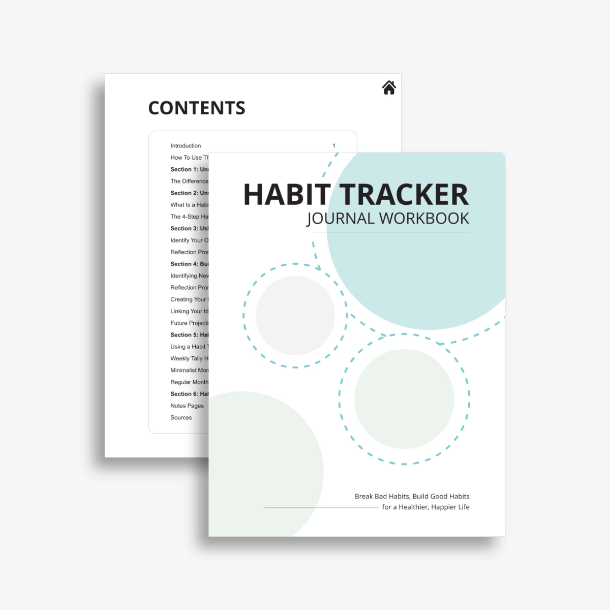Printable habit tracker workbook cover and contents pages shown stacked.