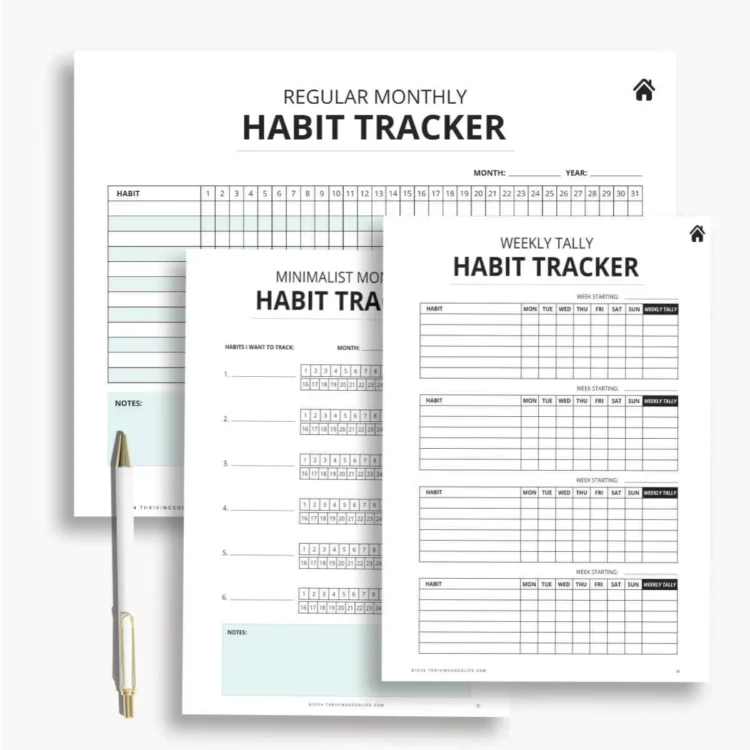 flatlay printable habit tracker journal workbook PDF pages with pencil