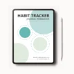 flatlay digital habit tracker journal workbook on iPad tablet with stylus