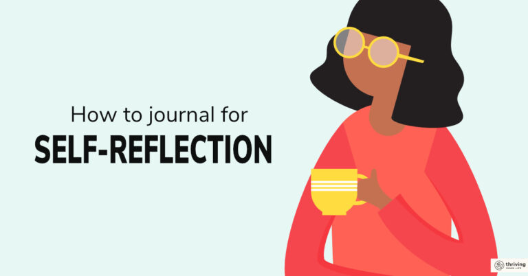 illustrated image of reflective woman holding coffee coffee with text overlay that reads: How to journal for self-reflection