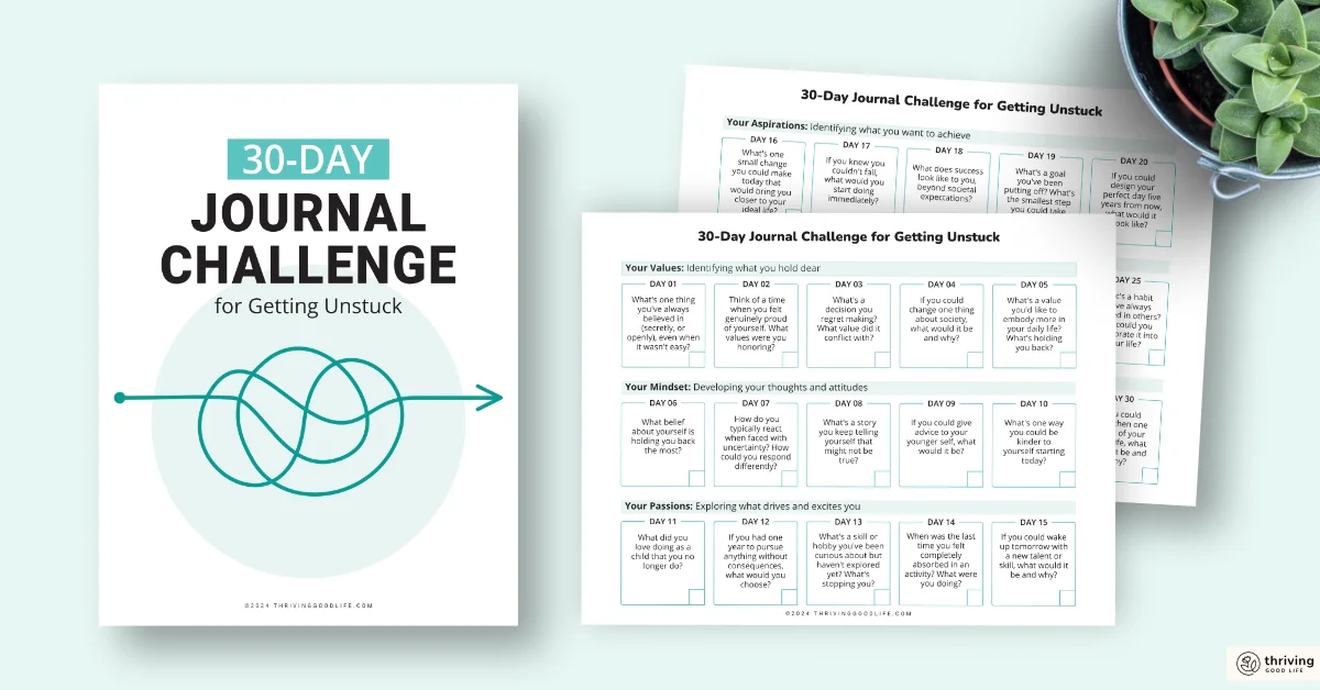 30-day journal challenge worksheets displayed as flat lay with corner pot plant decoration