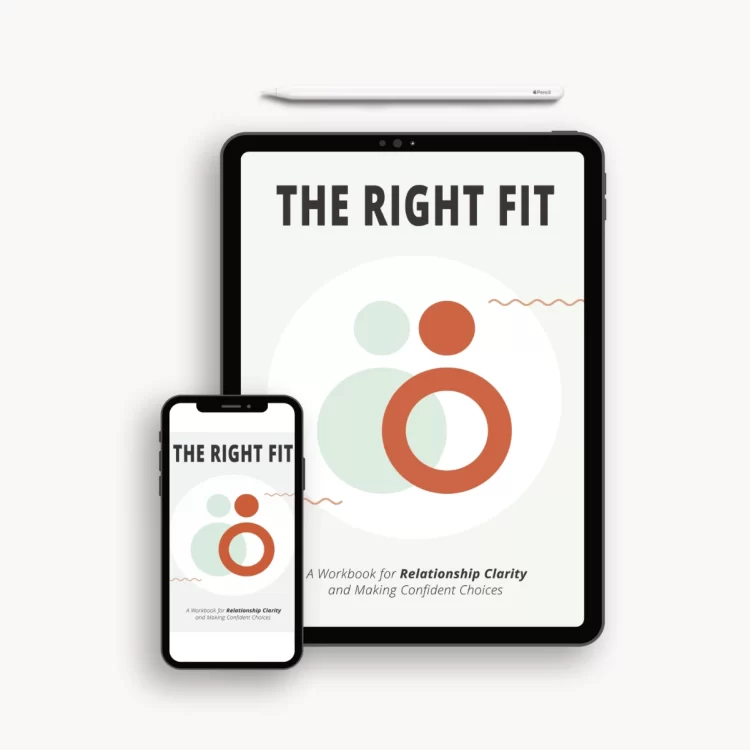 flatlay ipad and smartphone featuring cover page from the right fit relationship needs workbook.