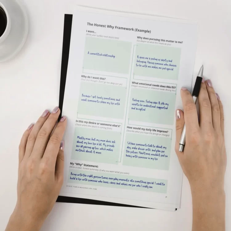 Hand holding pen writing in The Right Fit workbook page.