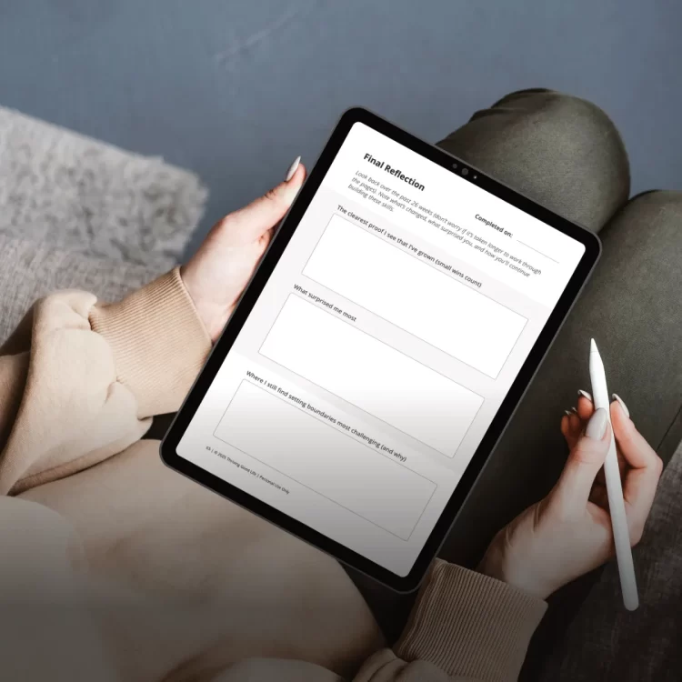 “Practice Builds Boundaries” digital journal displayed on a tablet with a person holding stylus.