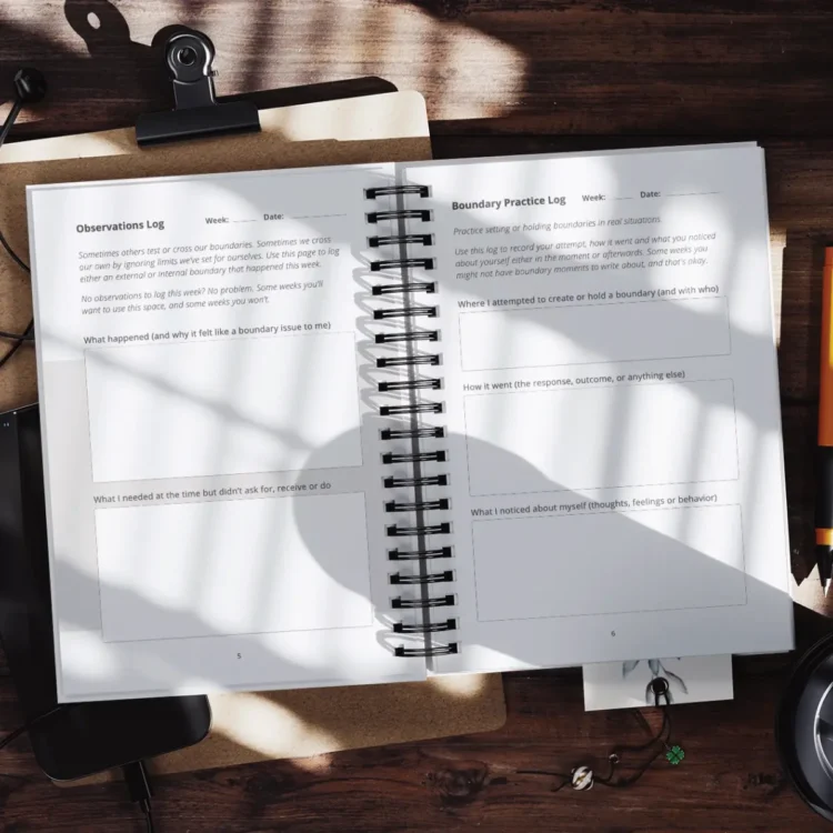 Practice Builds Boundaries journal opened on a desk, displaying structured boundary-setting prompts and weekly reflection pages.