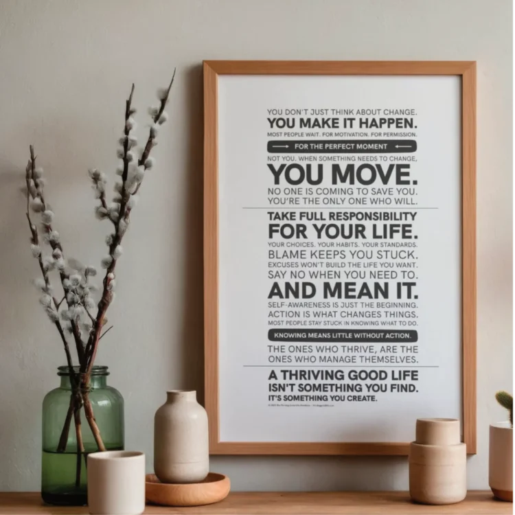 Thriving Good Life Manifesto Poster in wooden frame above awooden desk beside vases — motivational decor reminder to take responsibility and act.