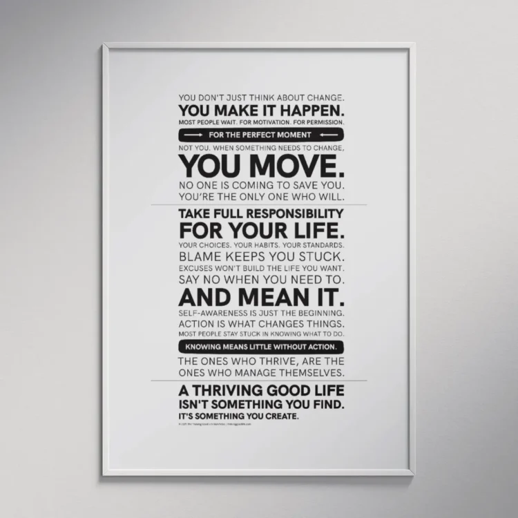 Framed Thriving Good Life Manifesto Poster — modern black-and-white typography print that inspires action and personal growth.