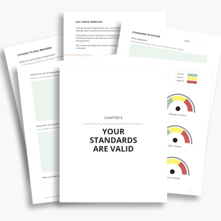 Printable PDF pages from the right fit dating and relationship workbook shown stacked including the “Your Standards Are Valid” page and the Gut Check tool