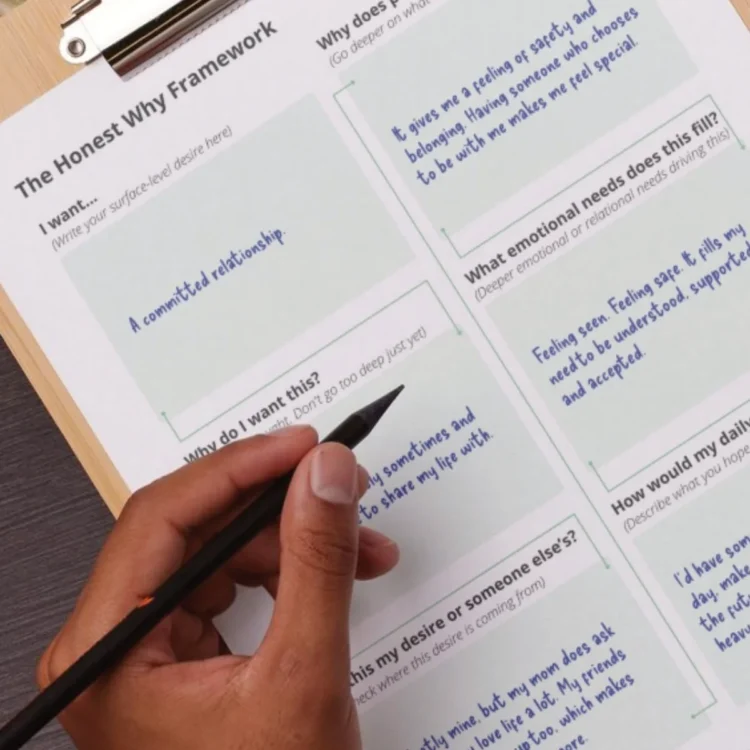 Close-up of The Right Fit Honest Why Framework page being filled in by hand.