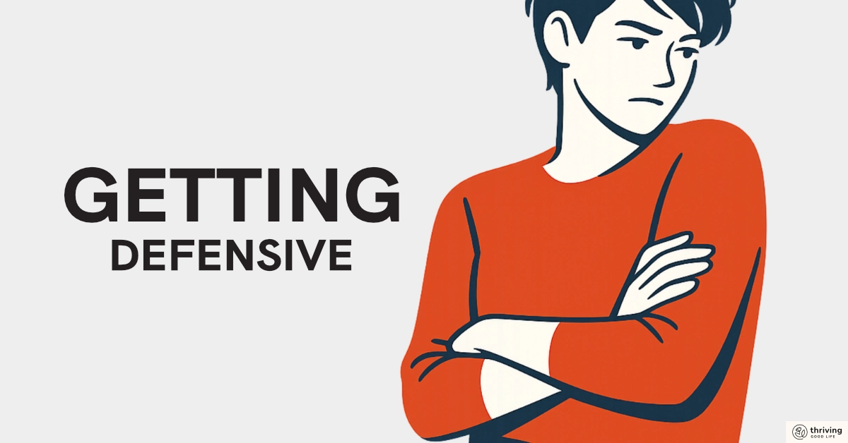 A figure standing with arms crossed and a frustrated expression, illustrating the concept of getting defensive.