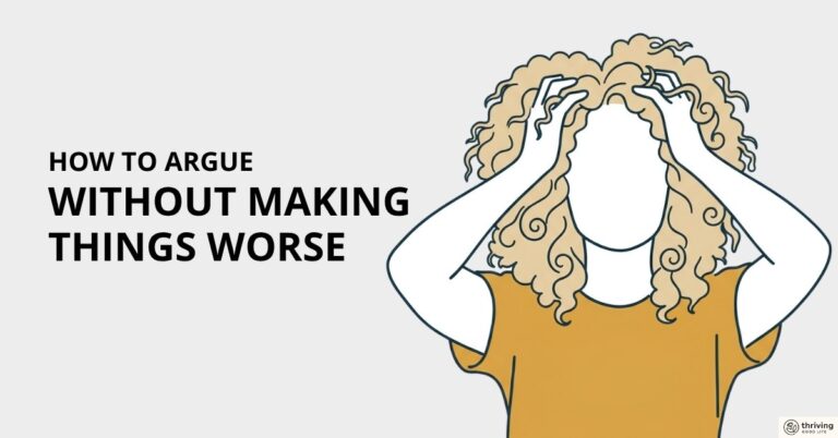Faceless figure with curly hair holding both hands near the top of their head. Minimal flat vector illustration with simple dark linework and a mustard-yellow top on a light gray background. Text reads: 'How to Argue Without Making Things Worse.'